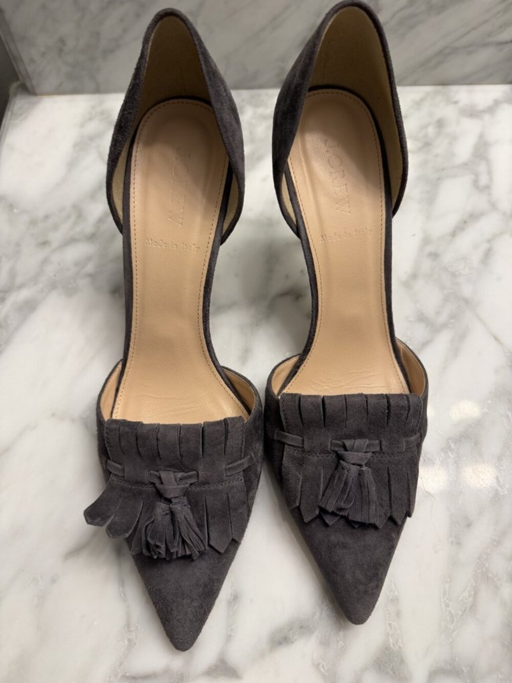 J.Crew Elsie Suede d'Orsay Fringe Pumps Heron Grey 9